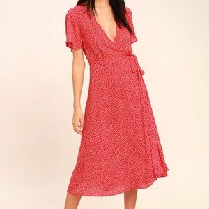 Red flower wrap midi dress